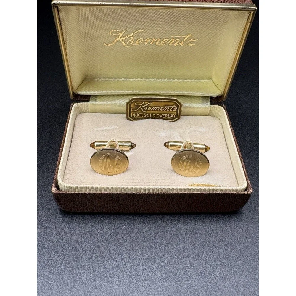 Vintage Krementz 14K Gold Overlay Cufflinks Monogram OGS w/ Original Case Set